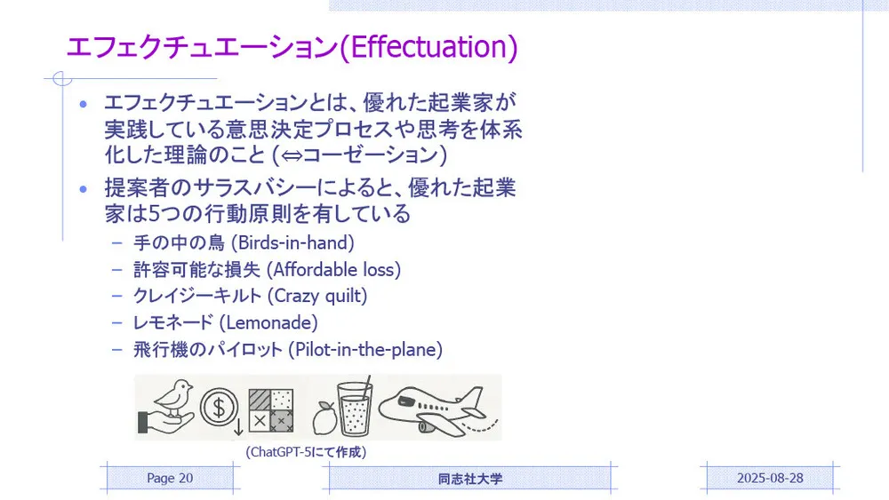 ・参考書籍1：『エフェクチュエーション：市場創造の実効理論』（著者：サラスバシー サラス、監訳：加護野忠男、出版社：碩学舎、2015年、https://amzn.asia/d/e9h9zIx） ・参考書籍2：『エフェクチュエーション　優れた起業家が実践する「5つの原則」』（著者：吉田満梨、中村龍太、出版社：ダイヤモンド社、2023年、https://amzn.asia/d/3AFPJN9）